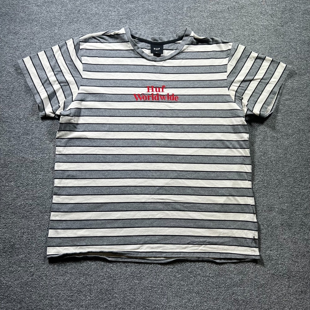 HUF Worldwide T-Shirt Mens XL Gray White Striped Embroidered Logo Short Sleeve
